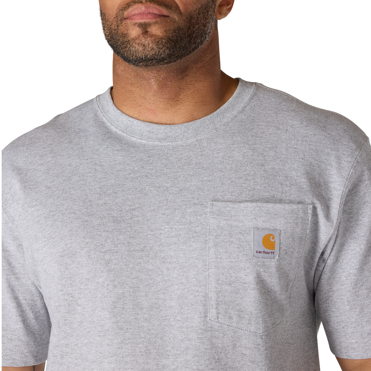 Carhartt Men's Heather Gray K87 Pocket T-Shirt, casual short-sleeve tee with chest pocket, made of soft cotton fabric.