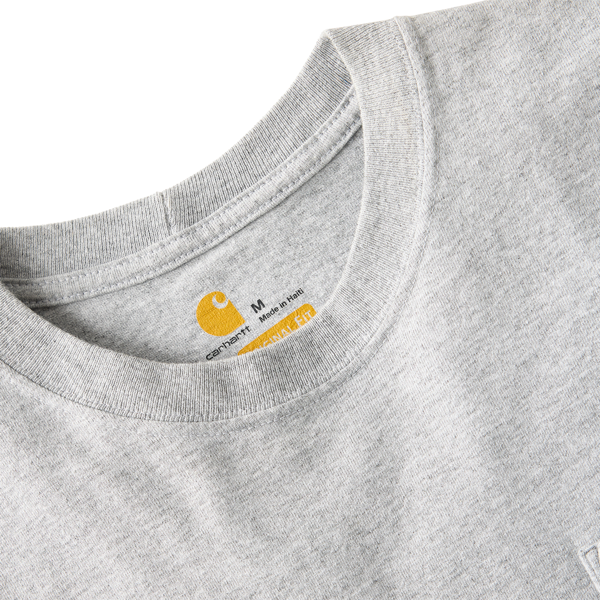 Carhartt men's Heather Gray K87 pocket T-shirt, classic crewneck design with chest pocket, made of comfortable cotton fabric.
