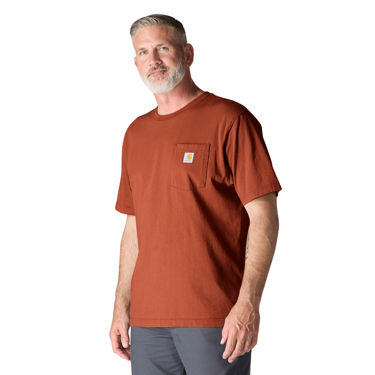 Carhartt men's Iconic K87 pocket T-shirt in Homestead Red, soft cotton fabric with front chest pocket and classic style.