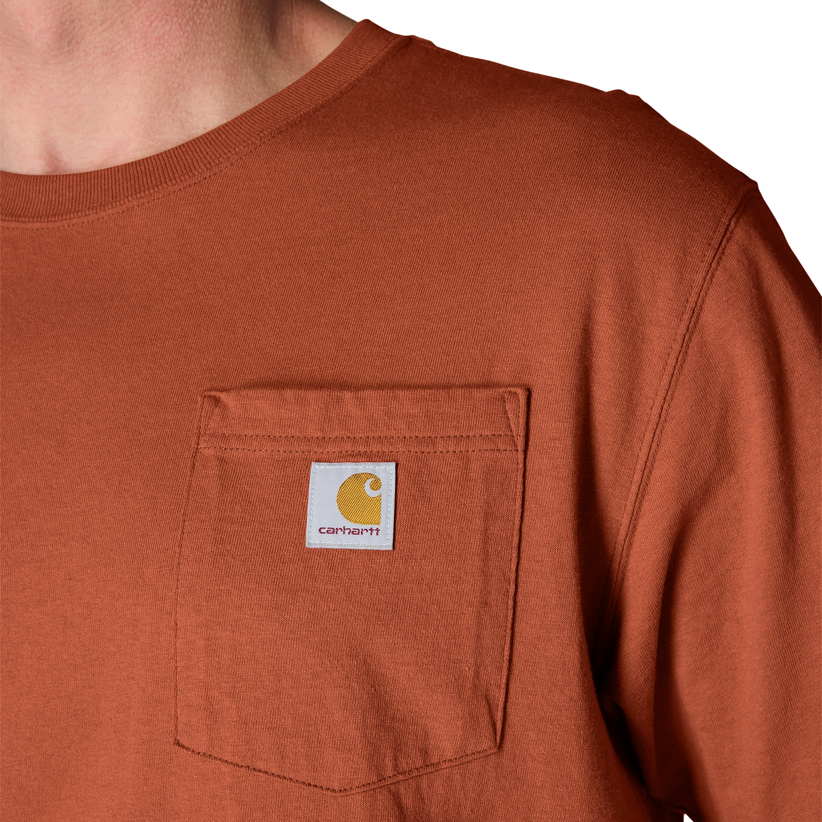 Carhartt men's Iconic K87 pocket T-shirt in Homestead Red, soft cotton fabric with chest pocket and classic fit.