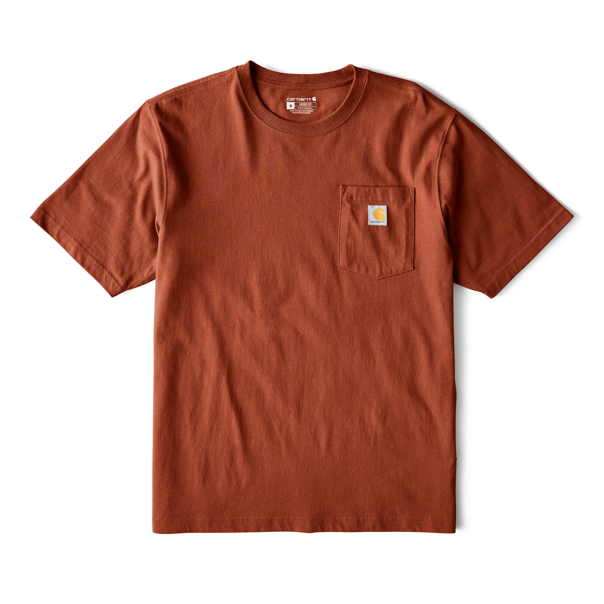 Carhartt men's K87 pocket t-shirt in Homestead Red, soft cotton fabric with a chest pocket and classic fit.