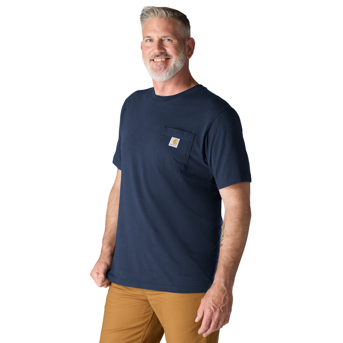 Carhartt Men's navy K87 pocket T-shirt with classic crew neck and chest pocket, made of durable cotton fabric.
