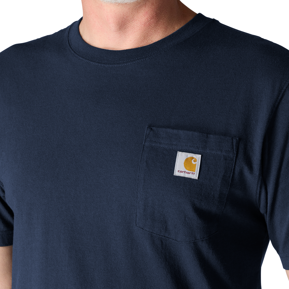 Carhartt Men's Iconic K87 Navy Pocket T-Shirt, casual navy cotton tee with front pocket, durable workwear style.