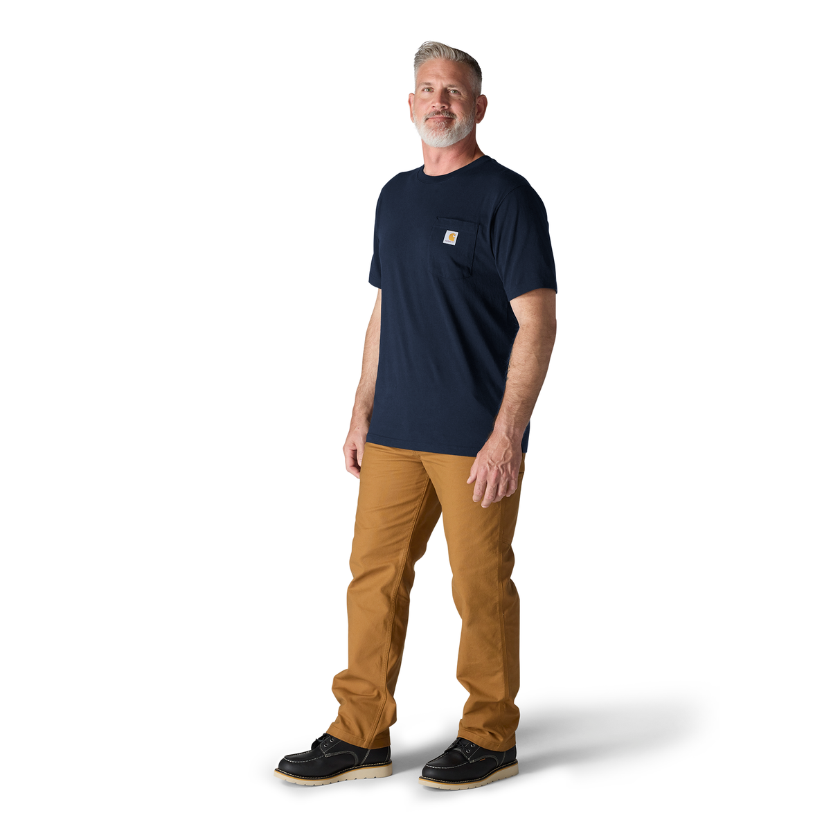Carhartt men's navy K87 pocket T-shirt, classic fit with front chest pocket, made from durable cotton fabric.