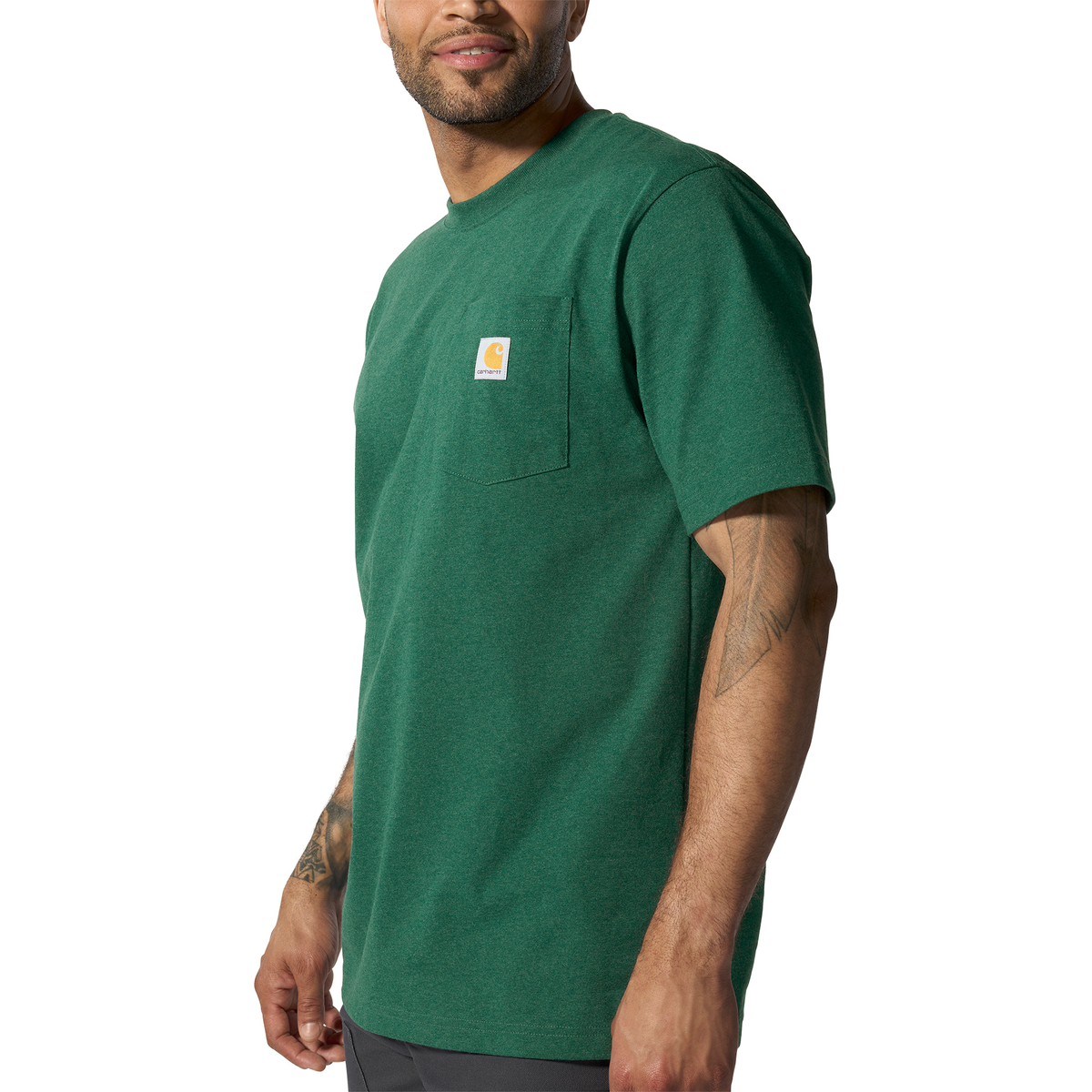 Carhartt Men's Iconic K87 Pocket T-Shirt in North Woods Heather, casual cotton T-shirt with chest pocket and Carhartt branding