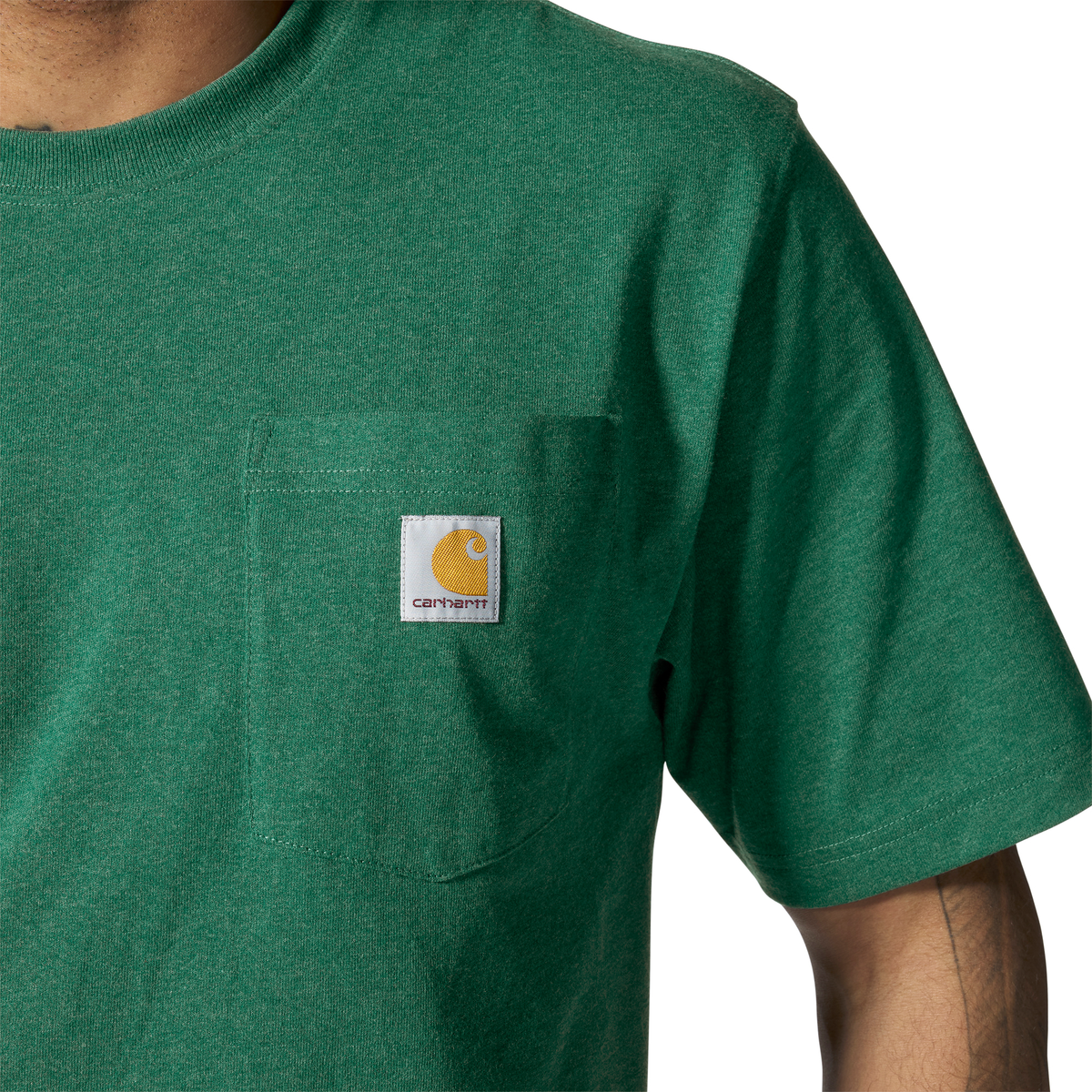 Carhartt Men's K87 Pocket T-Shirt in North Woods Heather, casual short-sleeve T-shirt with front pocket and Carhartt logo.