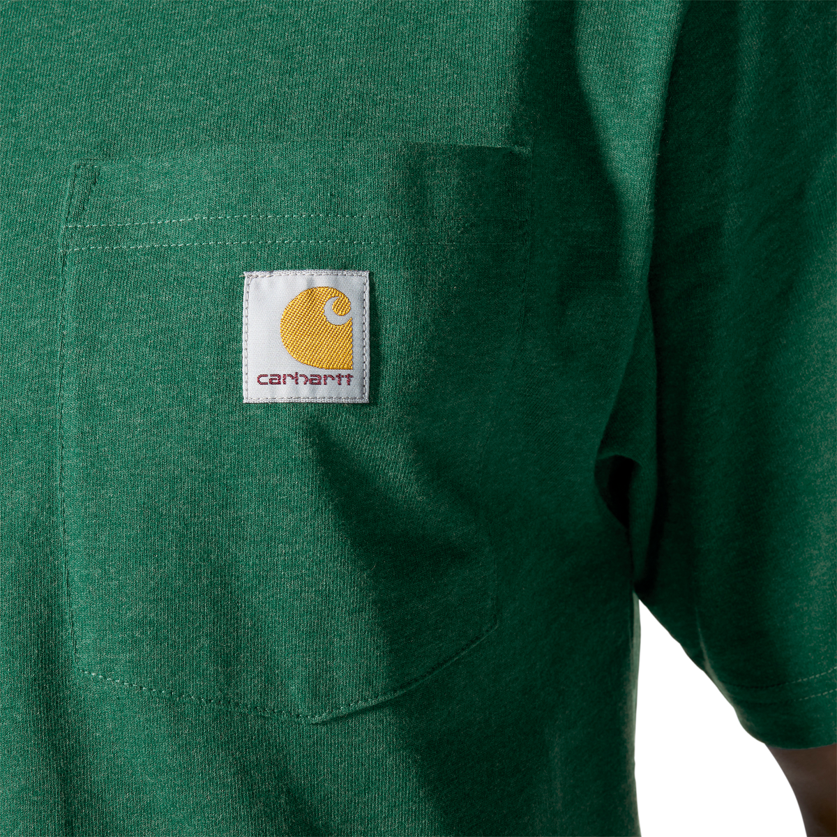 Carhartt Men's Iconic K87 Pocket T-Shirt in North Woods Heather, casual crewneck T-shirt with chest pocket and Carhartt branding.