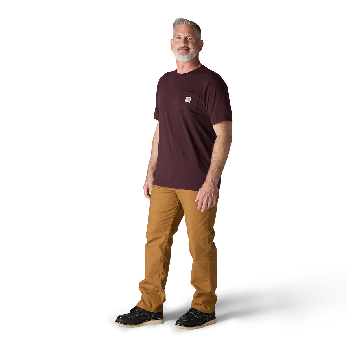 Carhartt Men's Iconic K87 Pocket T-Shirt in port color, featuring a chest pocket and classic crewneck design.