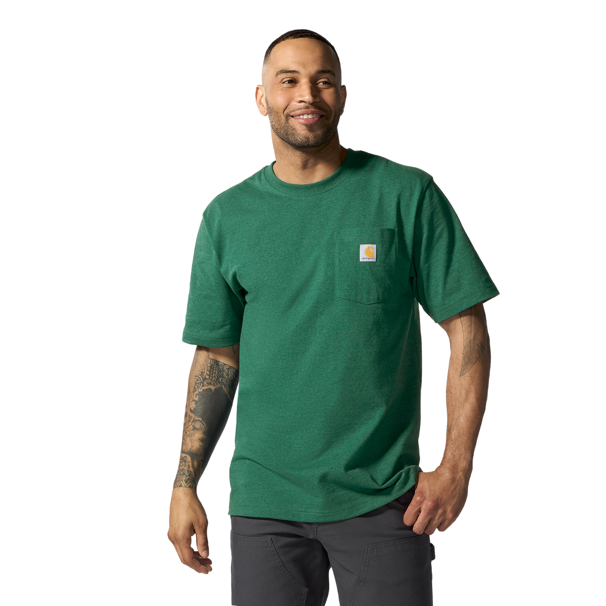 Carhartt men's Iconic K87 pocket T-shirt in North Woods Heather, featuring a front chest pocket and casual fit.