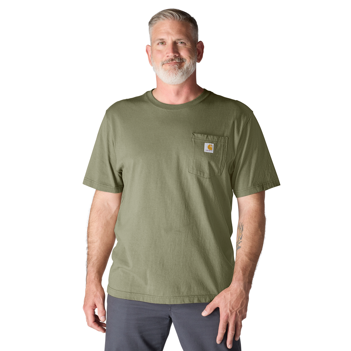 Carhartt Men's K87 Dusty Olive T-Shirt with front pocket, casual style, made of soft cotton fabric.