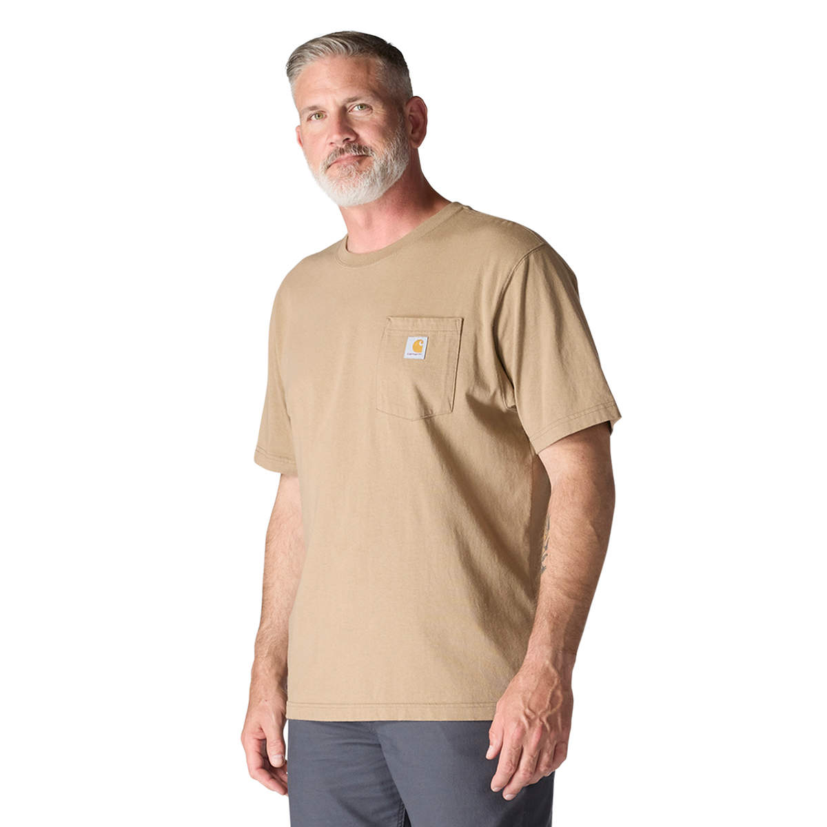 Carhartt men's Iconic K87 pocket T-shirt in desert tan, featuring a chest pocket and comfortable fit.