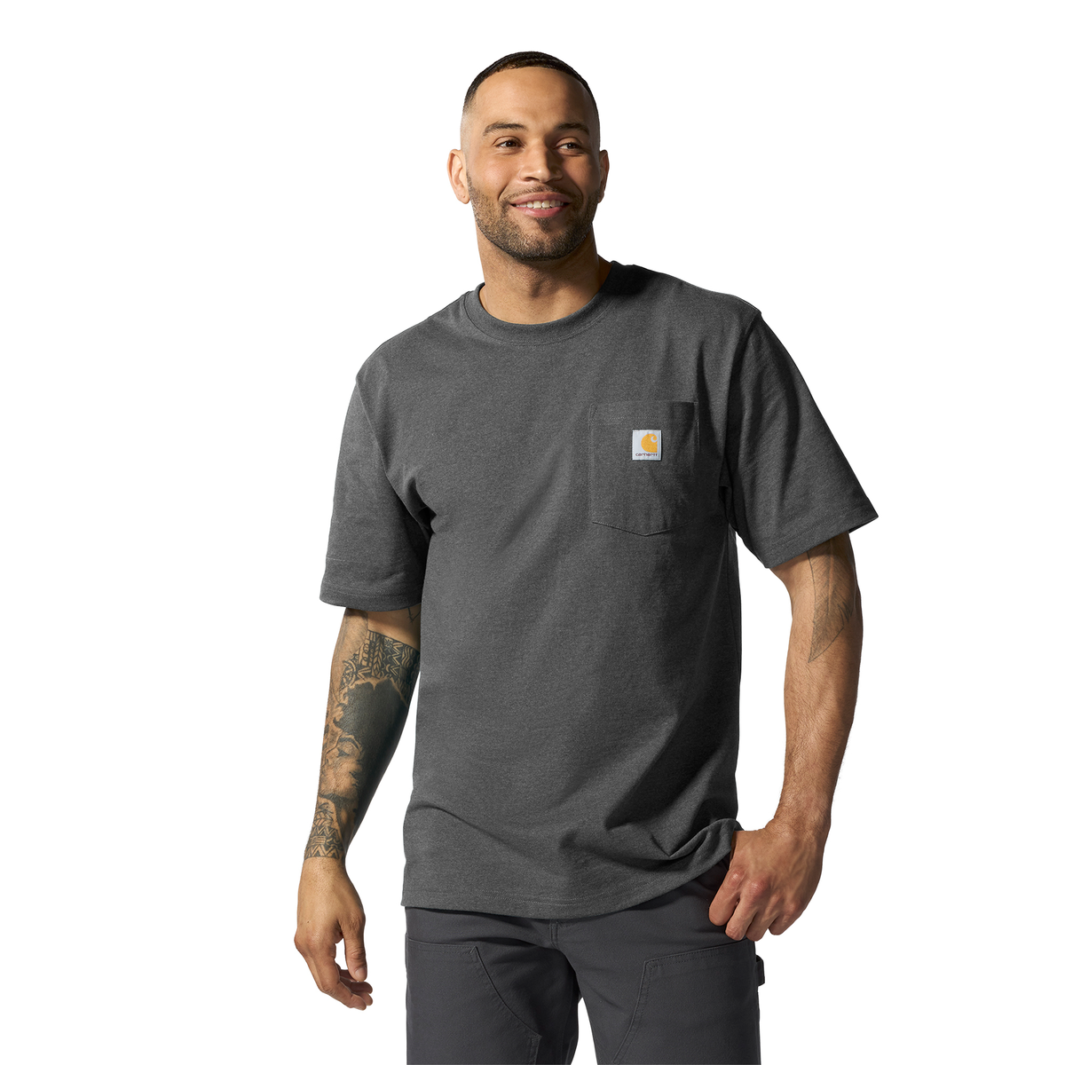 Carhartt men's Iconic K87 pocket T-shirt in carbon heather with chest pocket, casual short-sleeve tee for men.