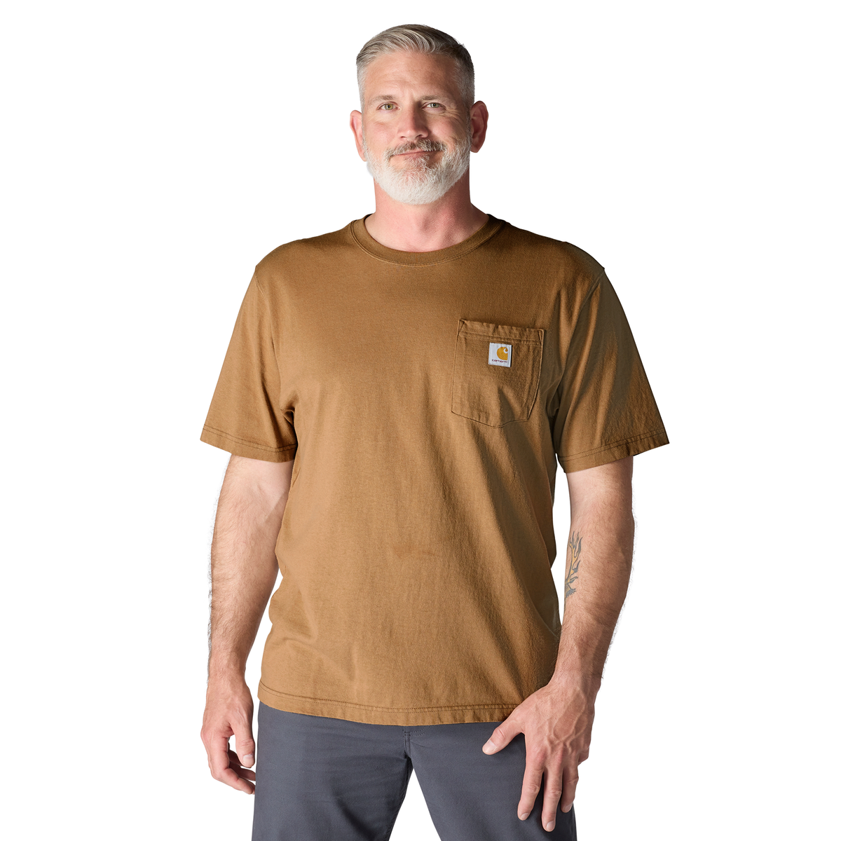 Carhartt men's brown Iconic K87 pocket T-shirt, casual short-sleeve cotton tee with front chest pocket.