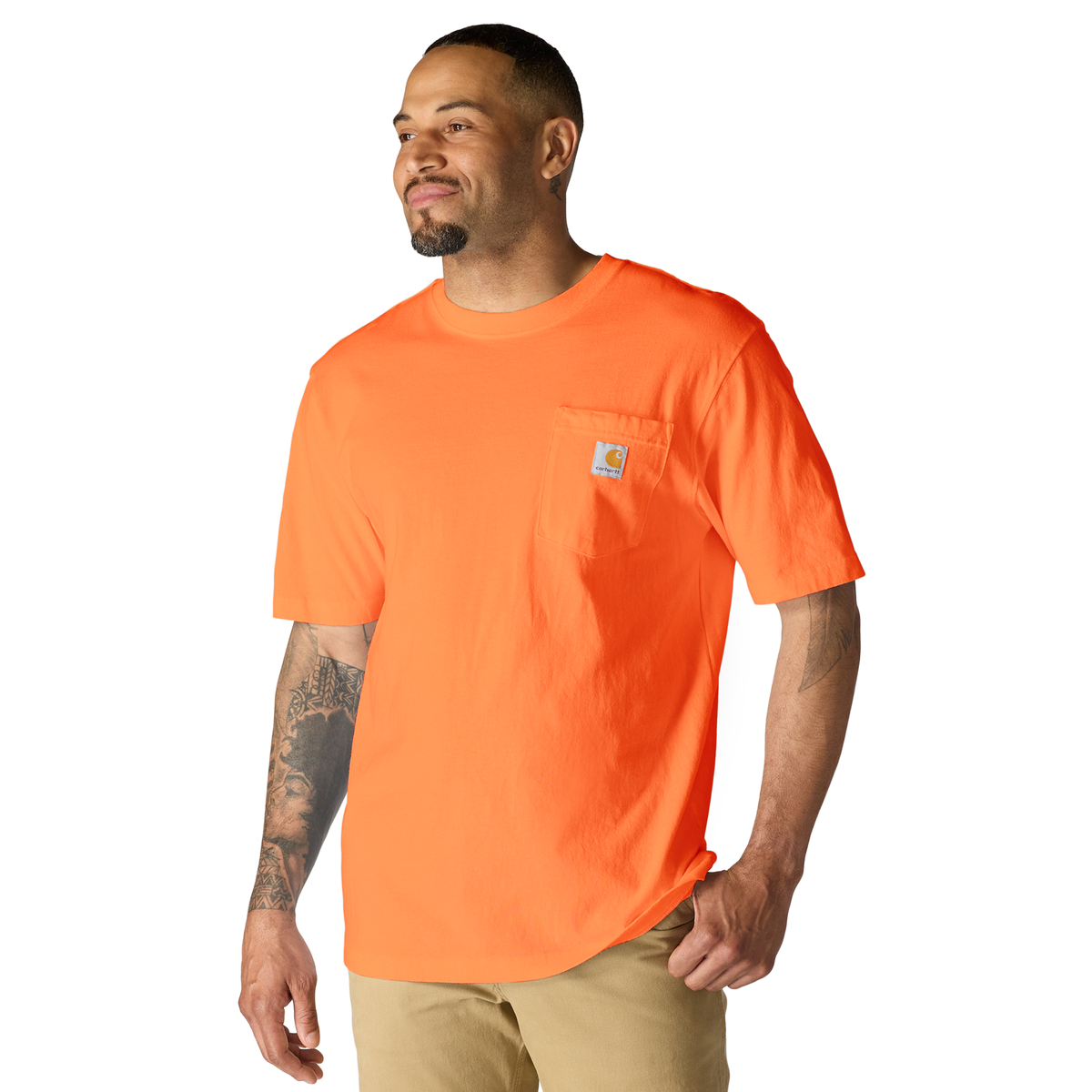 Carhartt men's Iconic K87 pocket T-shirt in bright orange, featuring a front chest pocket and classic fit.