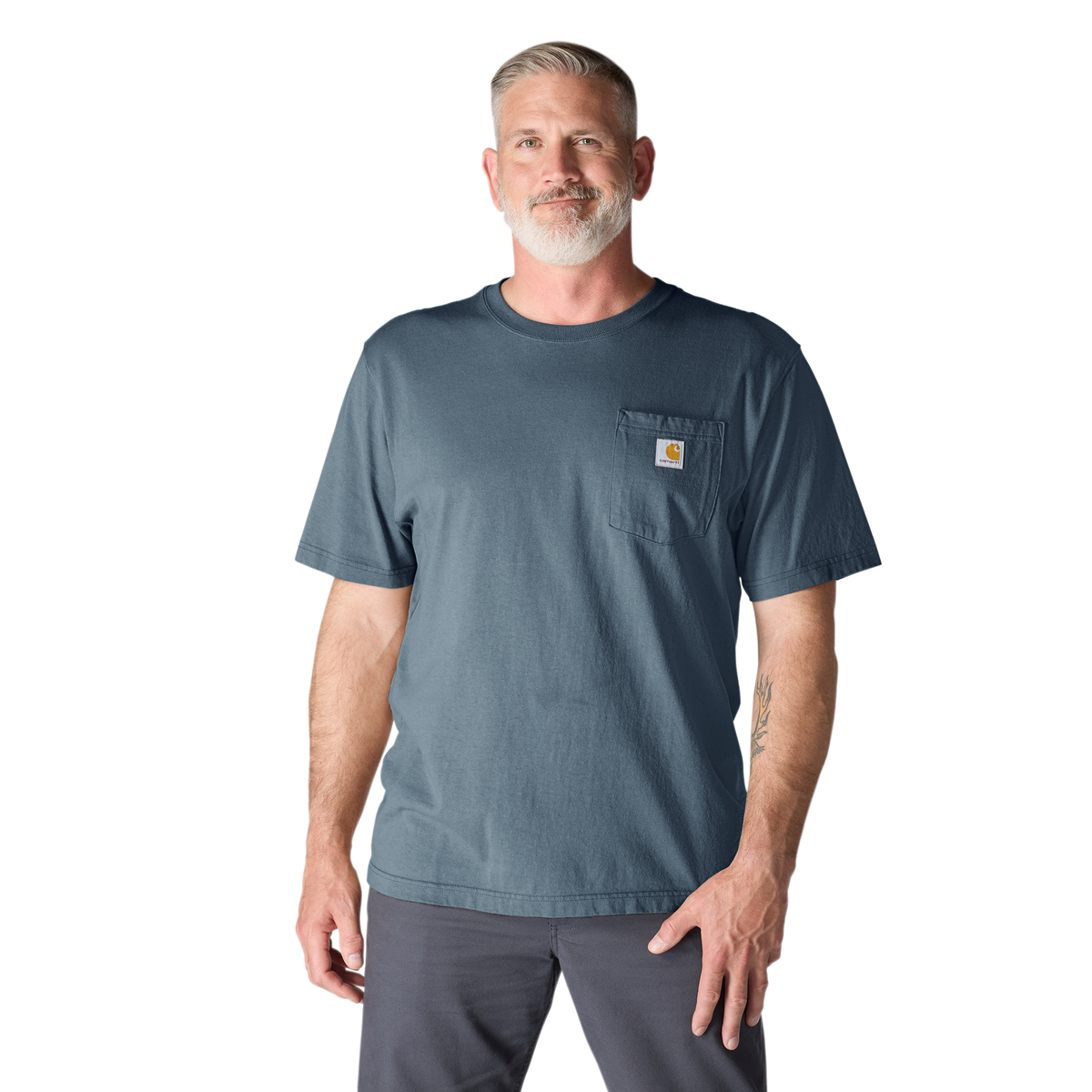 Carhartt Men's Iconic K87 Pocket T-Shirt in Bluestone, showcasing the classic chest pocket and comfortable fit.
