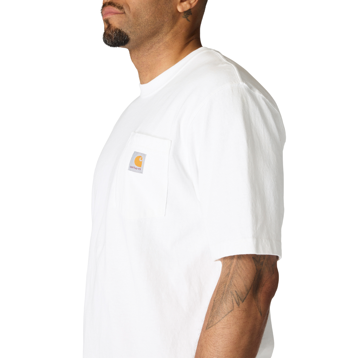 Carhartt Men's Iconic K87 White Pocket T-Shirt, casual short-sleeve tee with front chest pocket, made of soft cotton fabric.