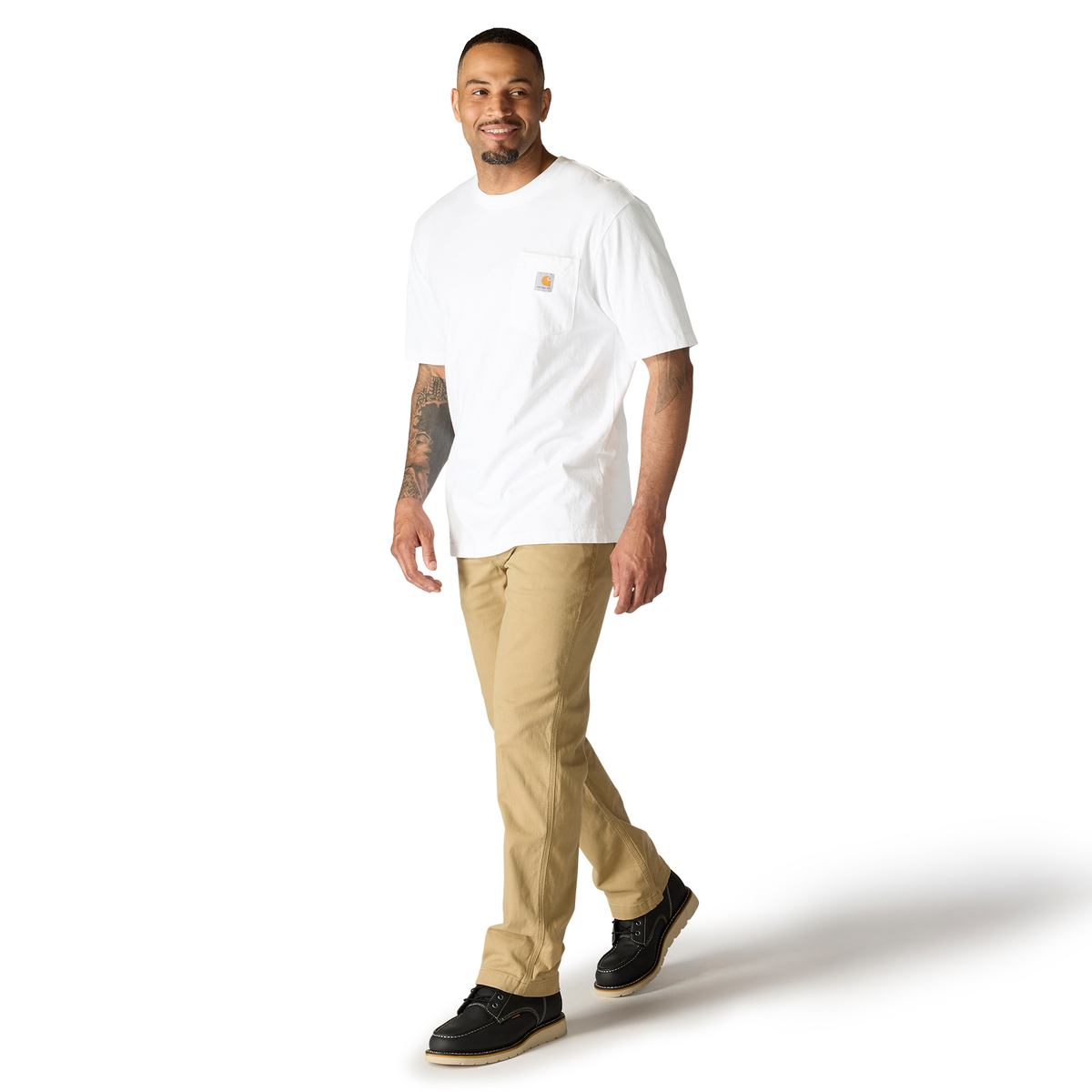 Carhartt Men's Iconic K87 Pocket T-Shirt in white, casual crewneck T-shirt with front chest pocket and short sleeves.