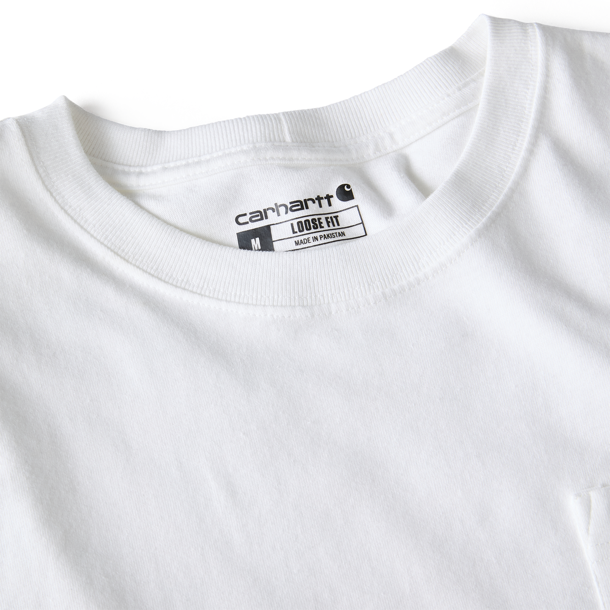 White Carhartt Men's K87 Pocket T-Shirt featuring a classic crew neck and chest pocket, made of durable cotton fabric.