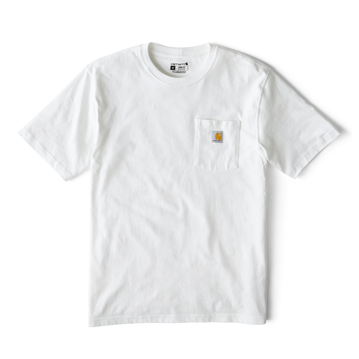 White Carhartt men's K87 pocket T-shirt featuring a classic crew neck and chest pocket, made from comfortable cotton fabric.