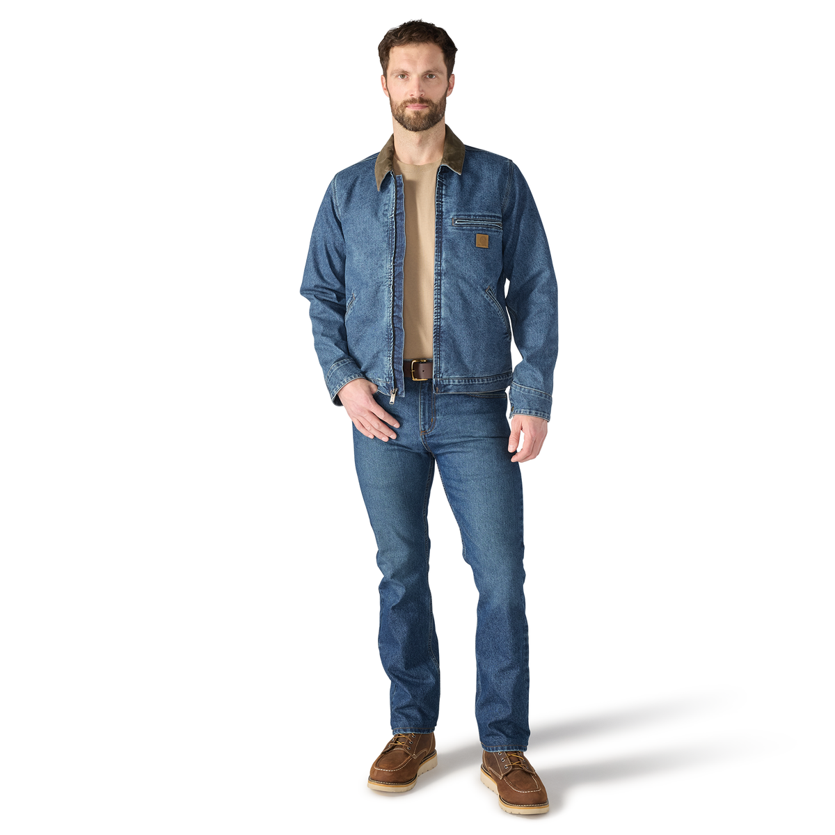 Carhartt men's Muskegon overcoat in durable denim with relaxed fit, designed for warmth and outdoor wear.