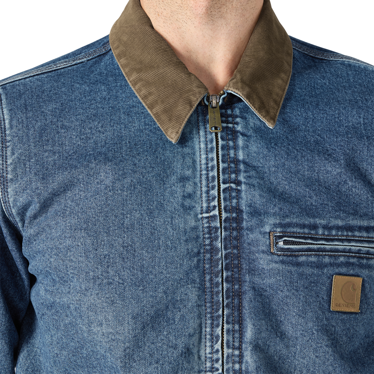Carhartt men's Muskegon overcoat with rugged denim fabric, durable design, and relaxed fit, ideal for outdoor wear.