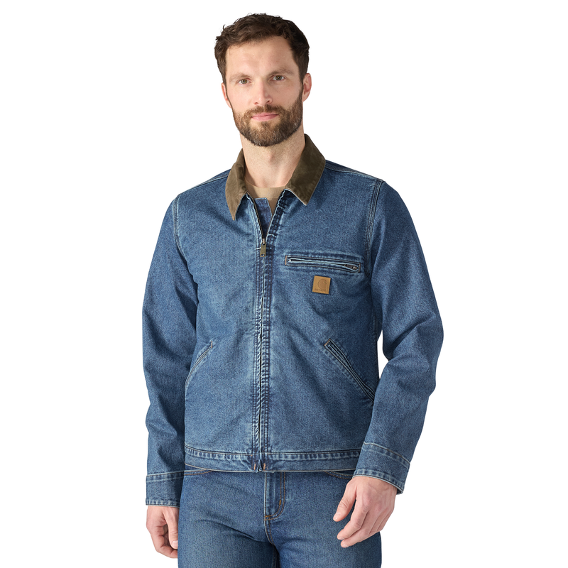 Carhartt men's Muskegon overcoat with durable denim material, relaxed fit, and rugged design for outdoor wear.