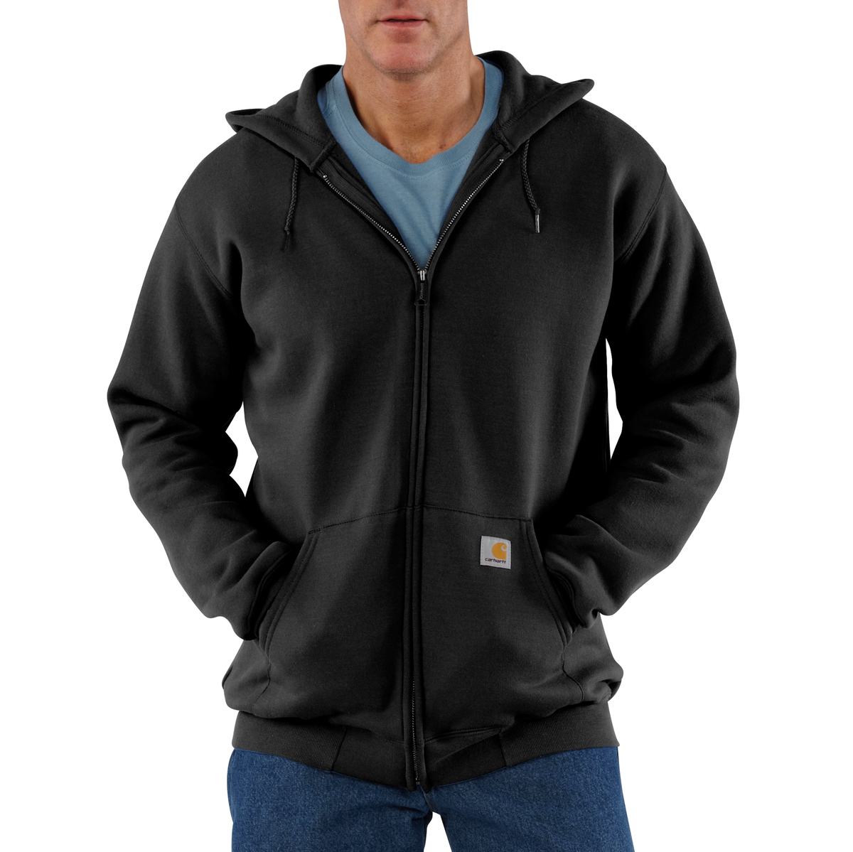 Black Carhartt Men's Marquette full-zip sweatshirt with ribbed cuffs and collar, casual and comfortable for everyday wear.