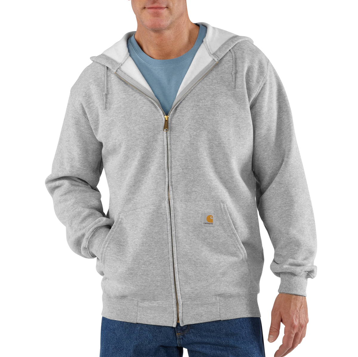 Carhartt Men's Marquette Heather Gray full-zip sweatshirt with ribbed cuffs and collar, soft fabric, and Carhartt logo on chest.