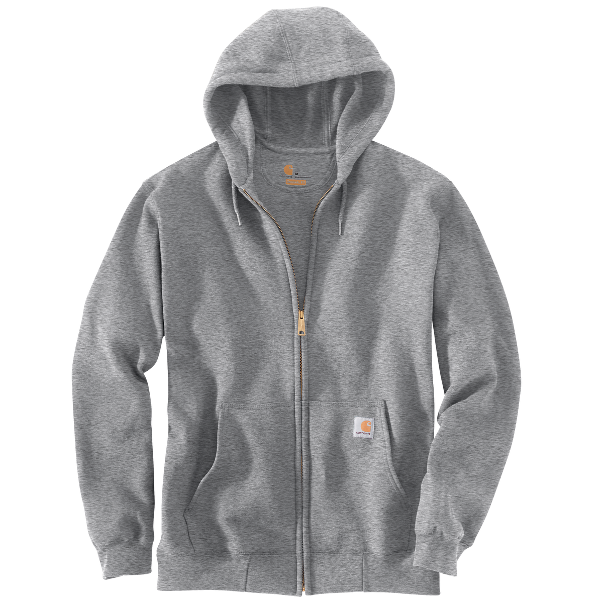 Carhartt men's Marquette full-zip sweatshirt in heather gray, casual fleece with front zipper and ribbed cuffs.