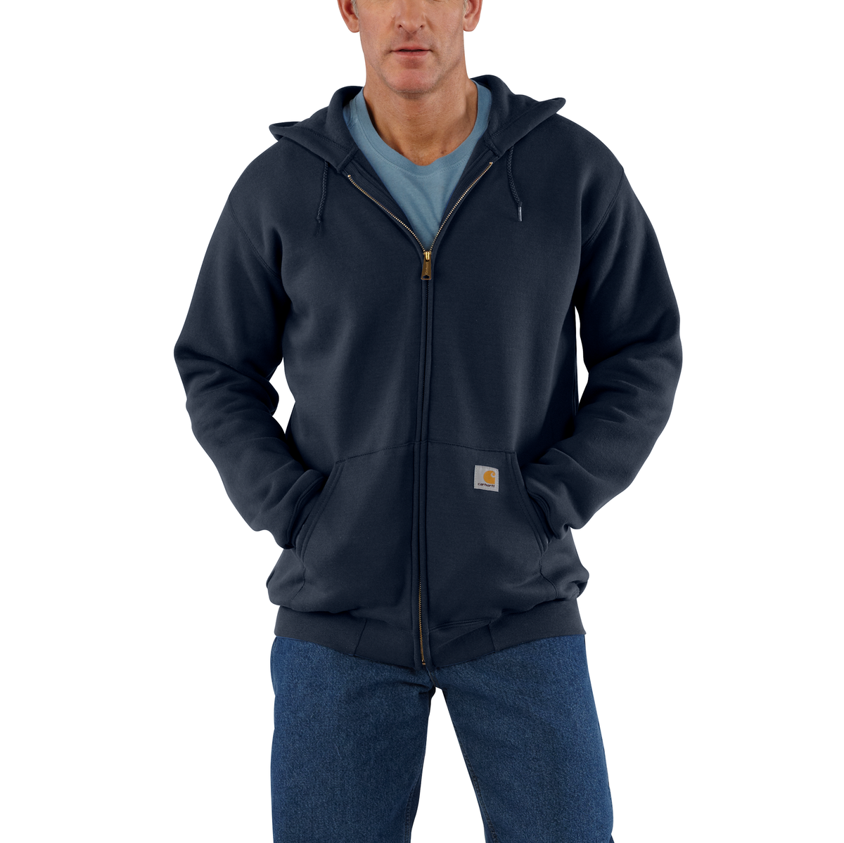 Carhartt Men's Marquette Full-Zip Sweatshirt in New Navy, showcasing a comfortable, full-zip design with a soft fabric finish.
