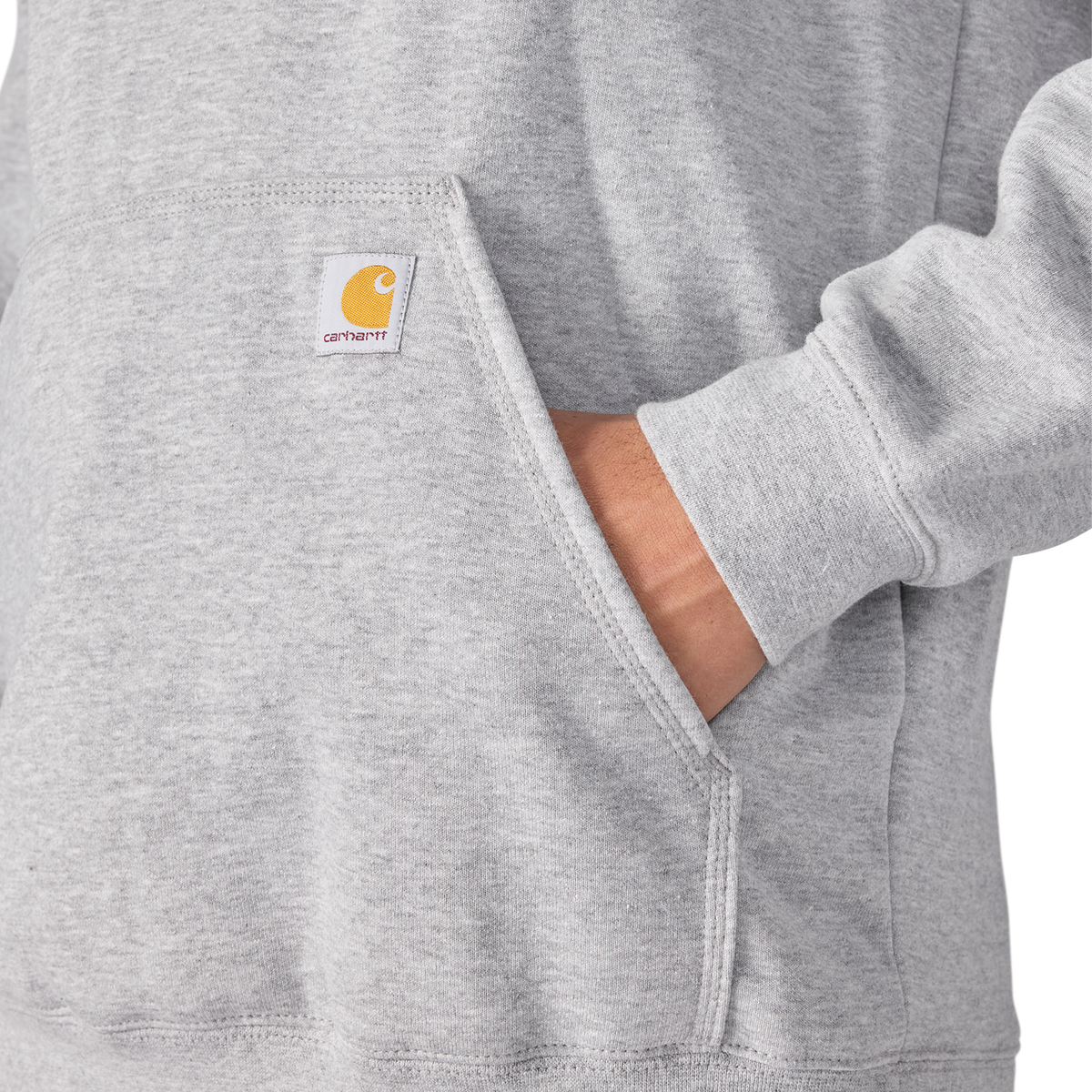 Carhartt men's Marquette sweatshirt in Heather Gray, soft fleece fabric with a relaxed fit and ribbed cuffs for comfort.