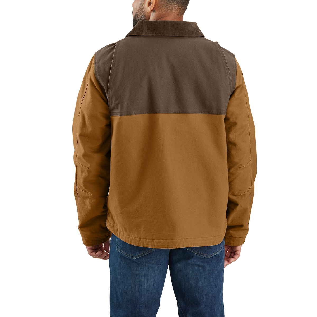 Carhartt Men's Montana Rugged Flex insulated duck overcoat in brown with relaxed fit and warm lining for cold weather.