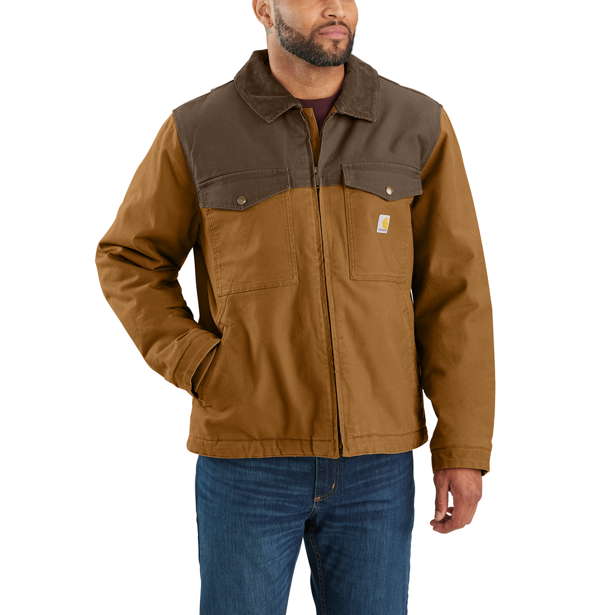 Carhartt Men's Montana Rugged Flex insulated duck jacket in brown with relaxed fit and warm lining, suitable for outdoor wear.