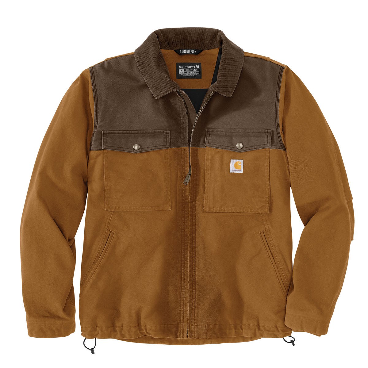 Carhartt Men's Montana Rugged Flex Relaxed Fit Duck Insulated Jacket in brown with a warm, durable overcoat design.