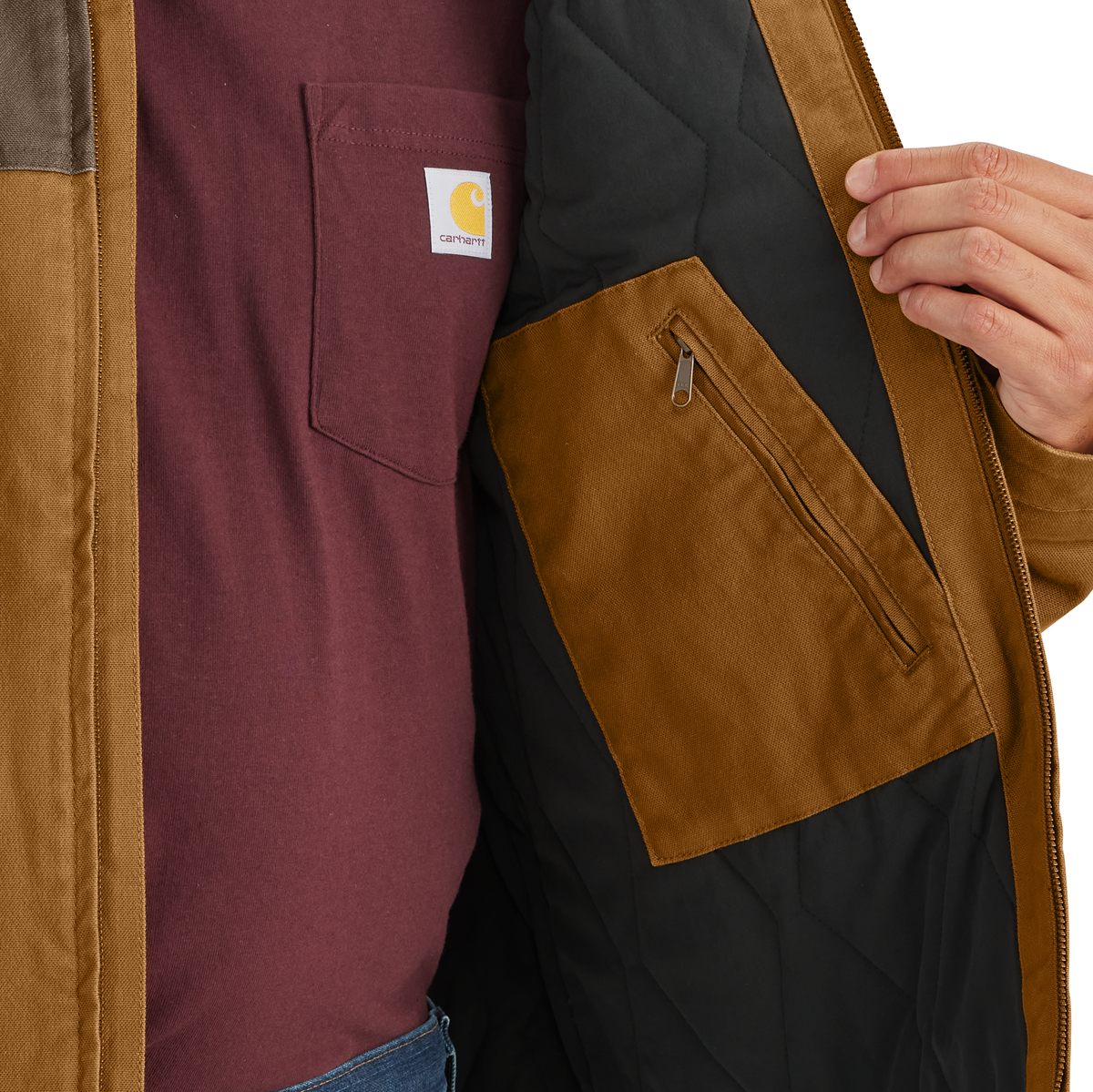 Carhartt Men's Montana Rugged Flex® insulated duck overcoat in brown with relaxed fit and warm lining, suitable for cold weather.