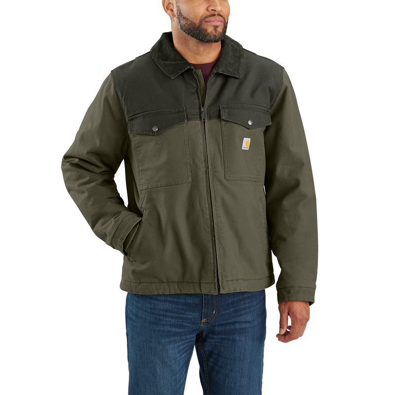 Carhartt Men's Montana Rugged Flex insulated duck jacket in moss green and olive, relaxed fit overcoat with warm insulation.