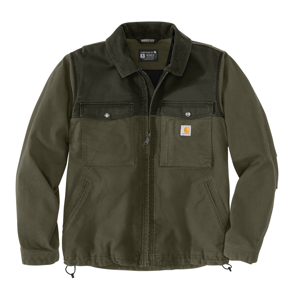 Carhartt Men's Montana Rugged Flex insulated duck overcoat in moss and olive, relaxed fit with warm lining for outdoor work.
