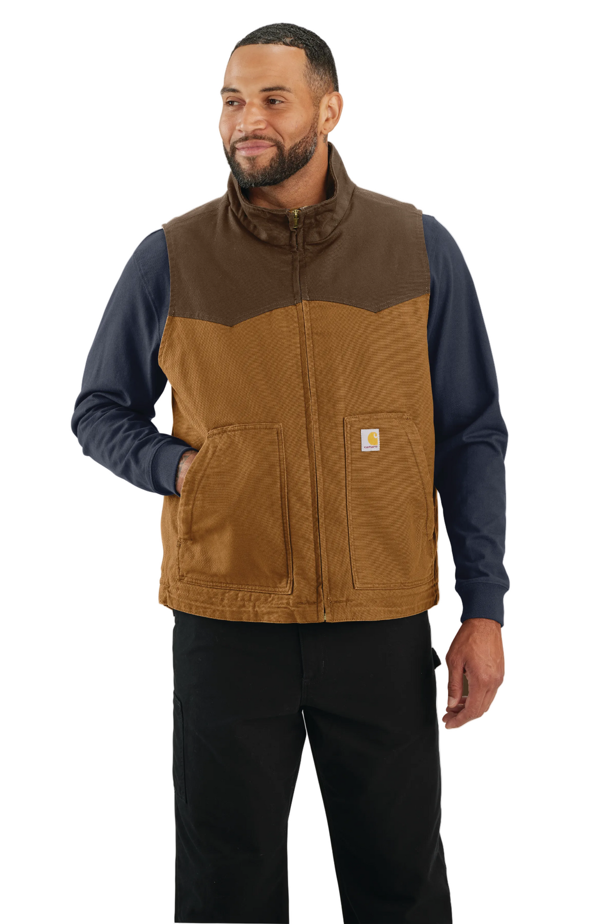Carhartt Men's Montana Rugged Flex relaxed fit duck vest in brown/coffee, showcasing durable canvas material and practical design.