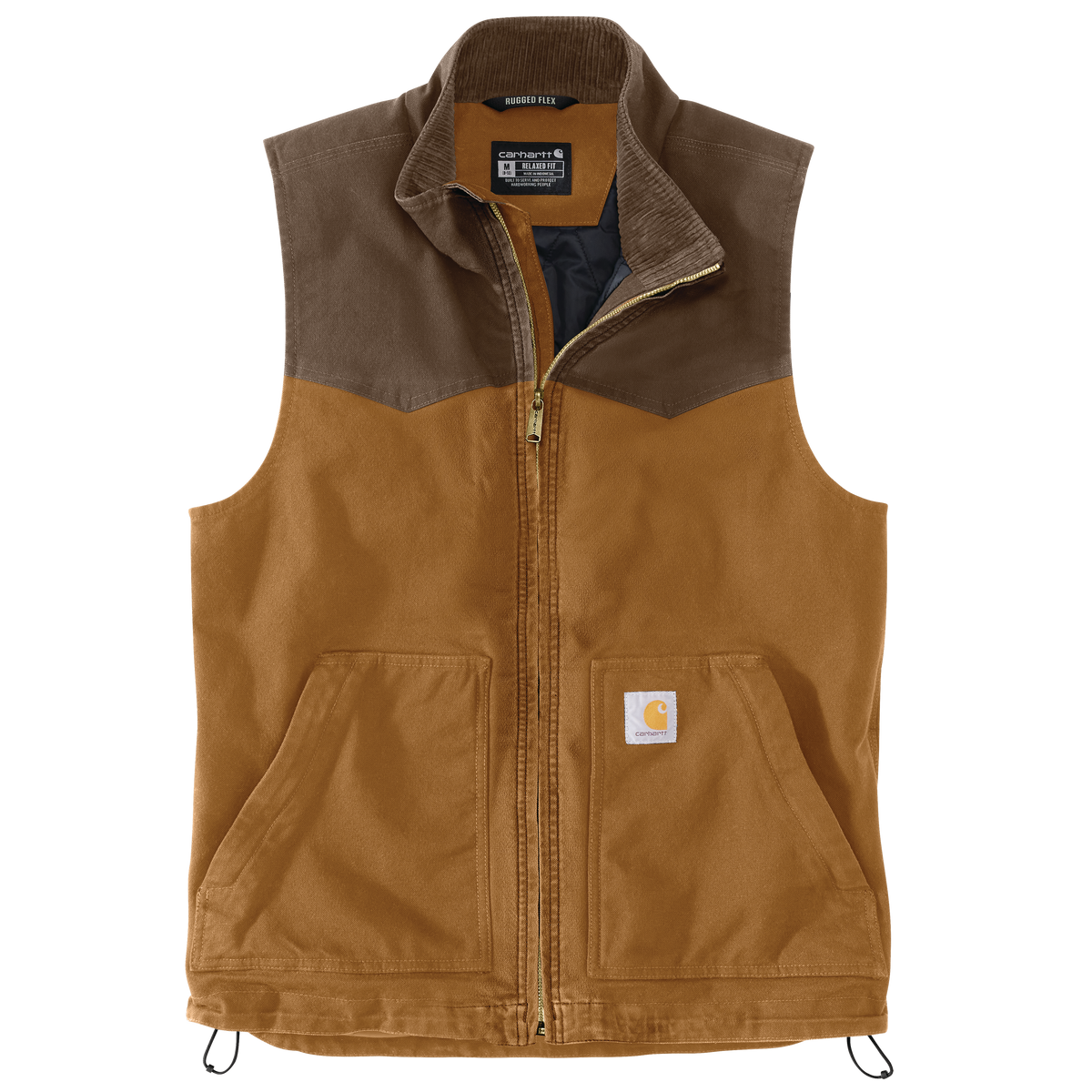 Carhartt Men's Montana Rugged Flex relaxed fit duck vest in Brown/Coffee, durable workwear with flexible construction.
