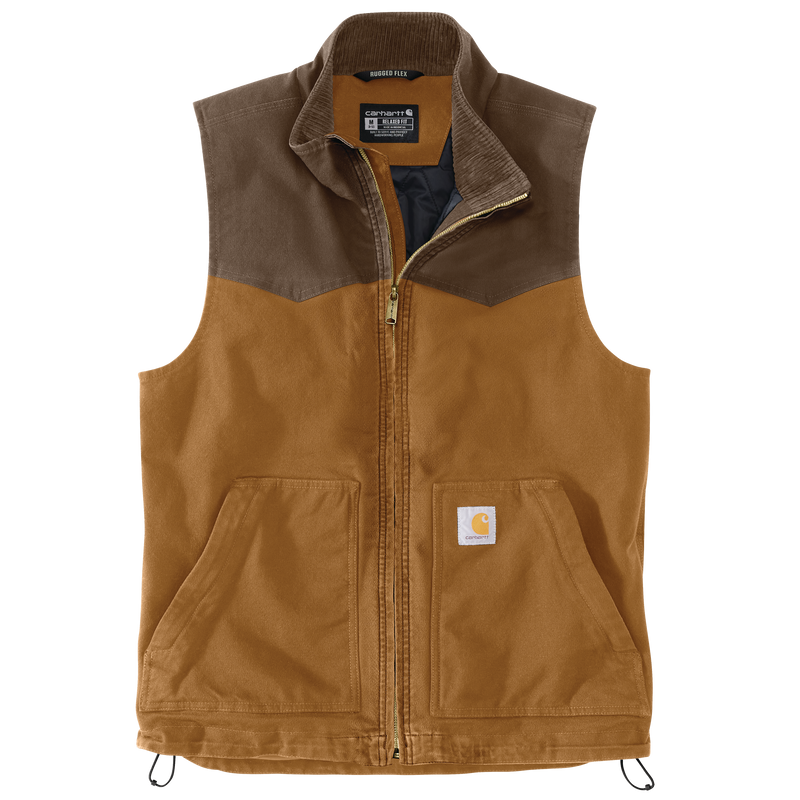 Carhartt Men's Montana Rugged Flex relaxed fit duck vest in Brown/Coffee, durable workwear with flexible construction.