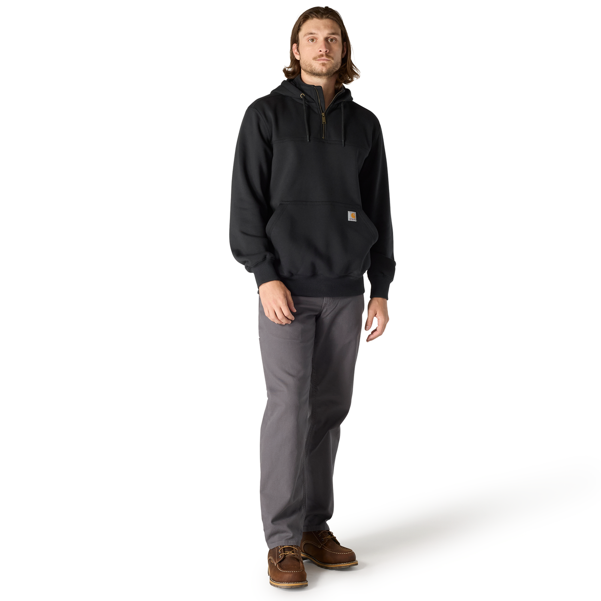 Black Carhartt men's Paxton 1/4-zip sweatshirt, featuring a comfortable fit and durable fabric, displayed on a plain background.