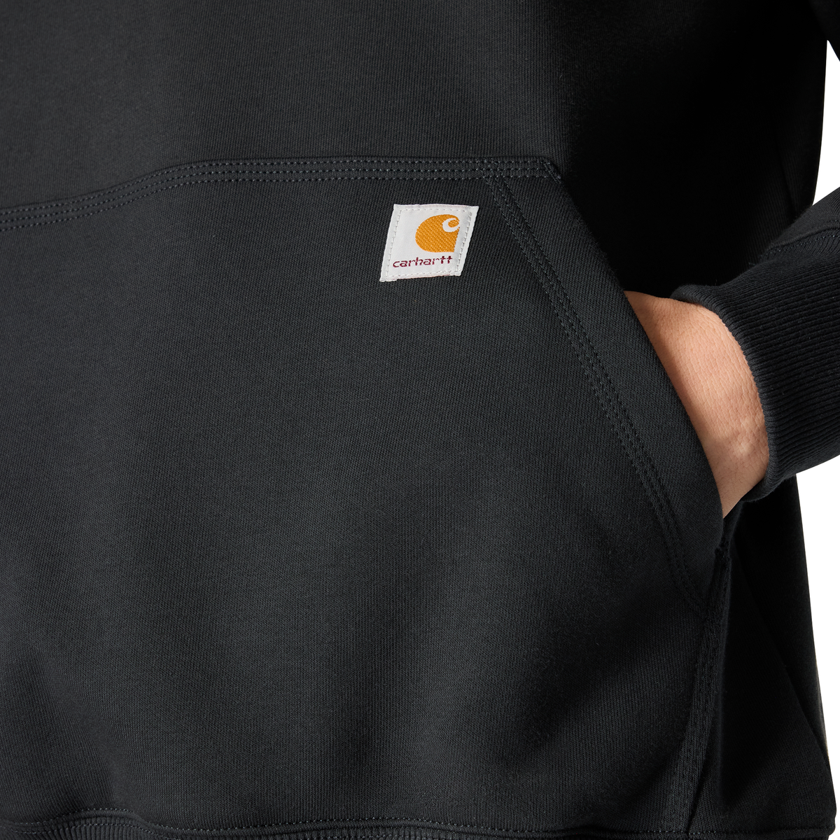 Carhartt men's black Paxton 1/4-zip sweatshirt, made of soft fabric with a front zipper and ribbed cuffs and hem.
