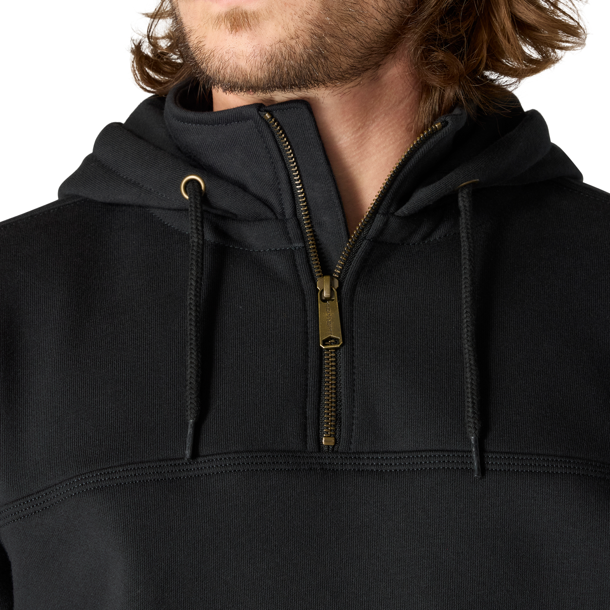 Black Carhartt men's Paxton 1/4-zip sweatshirt, casual fleece with a quarter-zip front and ribbed cuffs.