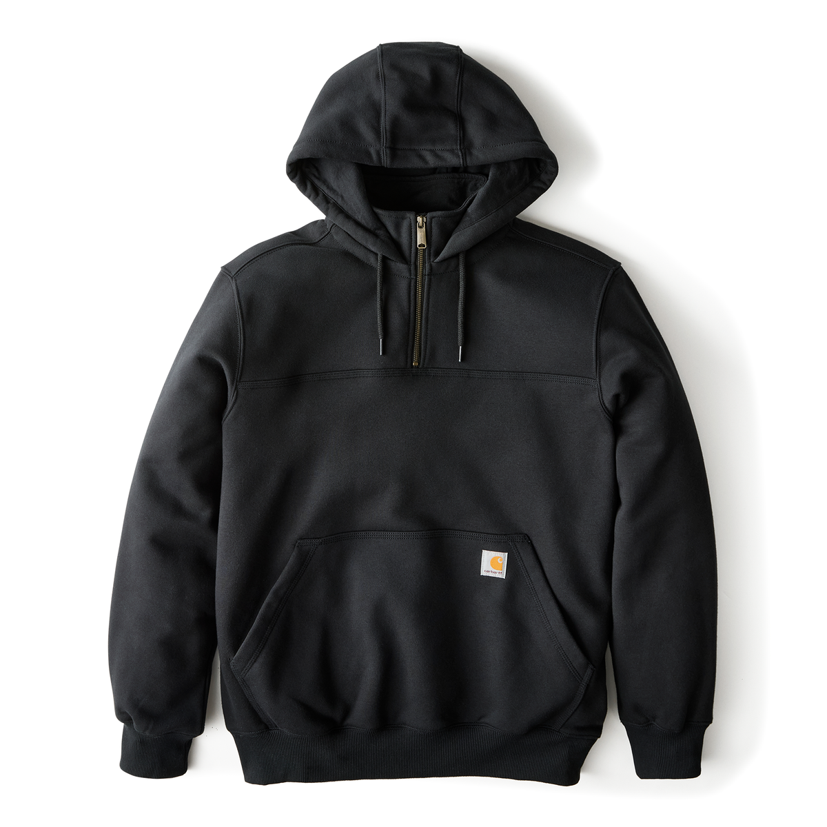 Black Carhartt Men's Paxton 1/4-Zip Sweatshirt, casual black sweatshirt with zip-up front and ribbed cuffs.