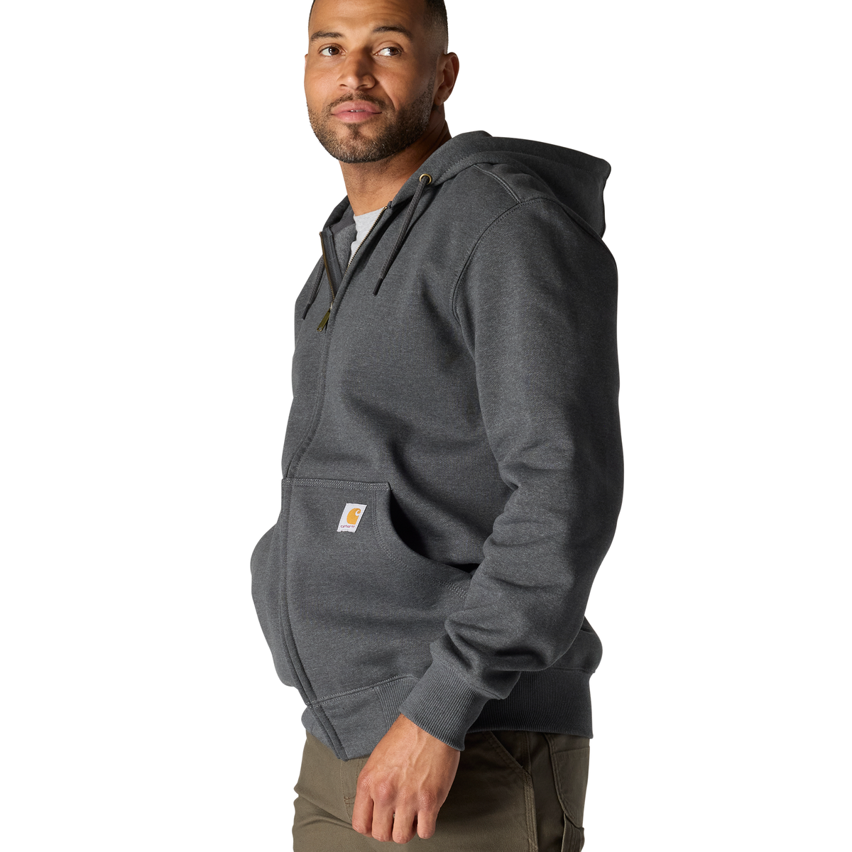 Carhartt Men's Paxton Full Zip Sweatshirt in Carbon Heather, showcasing a comfortable zip-up sweatshirt with a soft knit fabric.