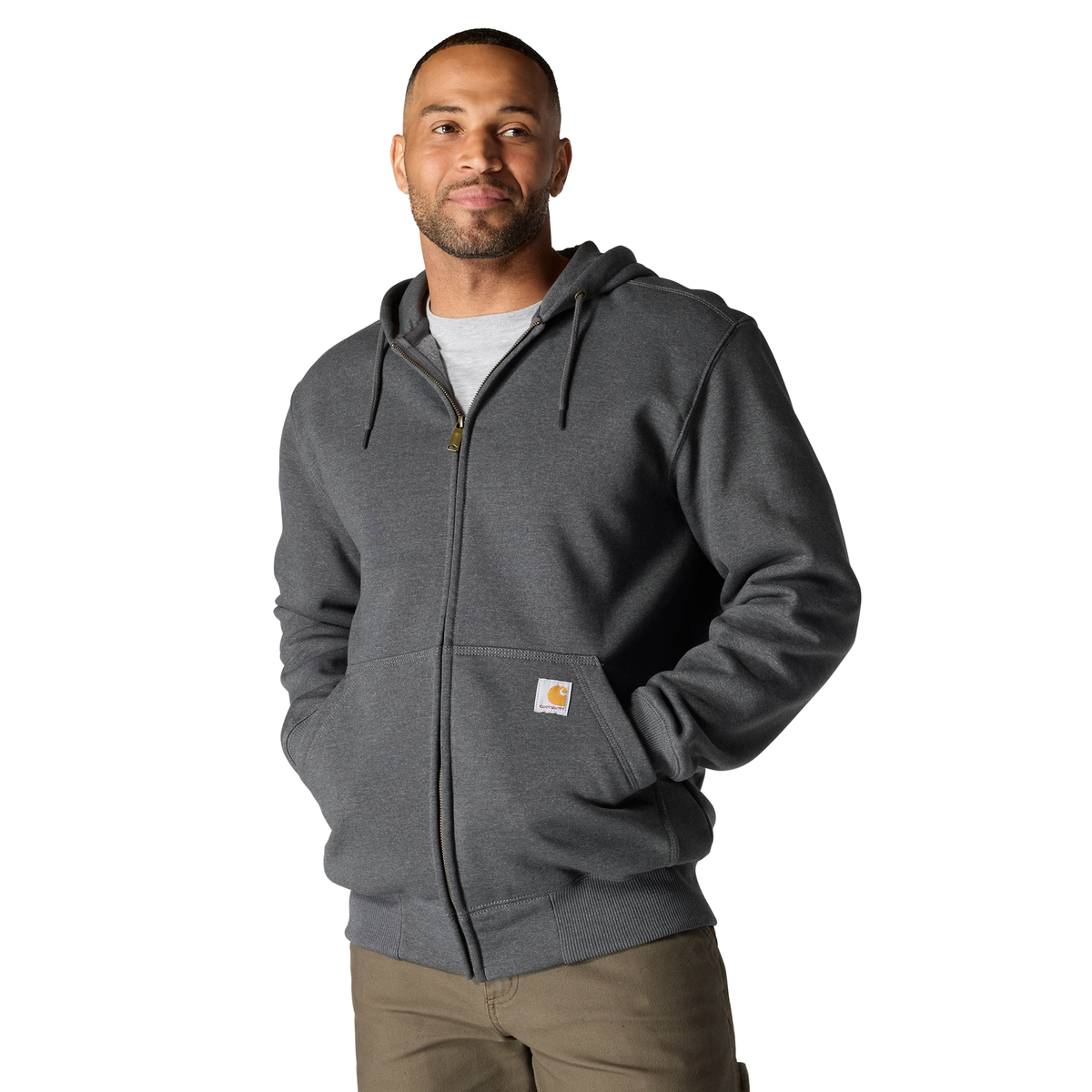 Carhartt Men's Paxton Full Zip Sweatshirt in Carbon Heather, casual fleece with full zipper and ribbed cuffs.