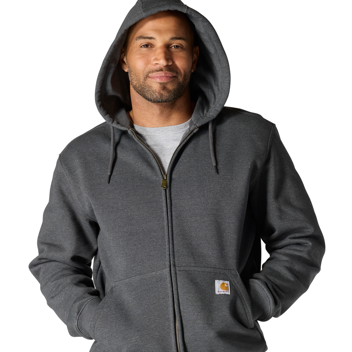 Carhartt Men's Paxton Full Zip Sweatshirt in Carbon Heather, showcasing the full zip front, ribbed cuffs, and casual fit.