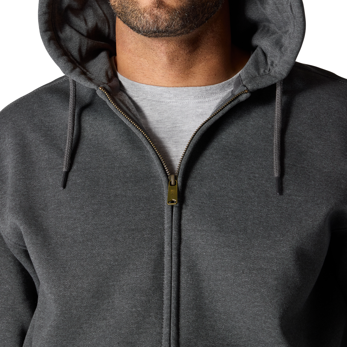 Carhartt men's Paxton full-zip sweatshirt in carbon heather, casual fleece hoodie with front zipper and ribbed cuffs.