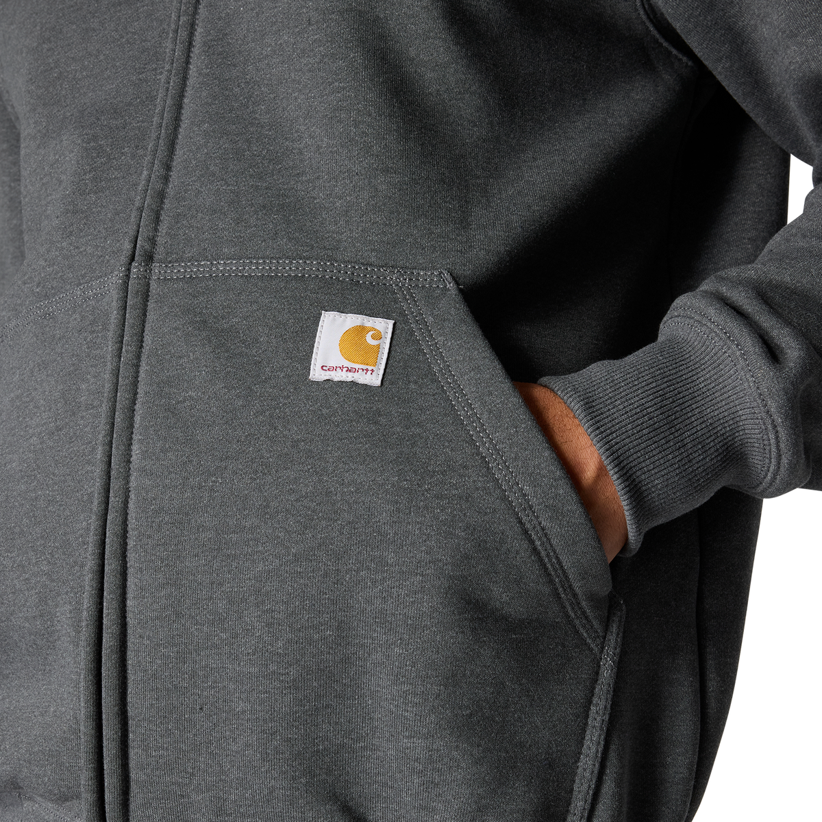 Carhartt men's Paxton full zip sweatshirt in carbon heather, featuring a soft knit fabric and ribbed cuffs and hem.