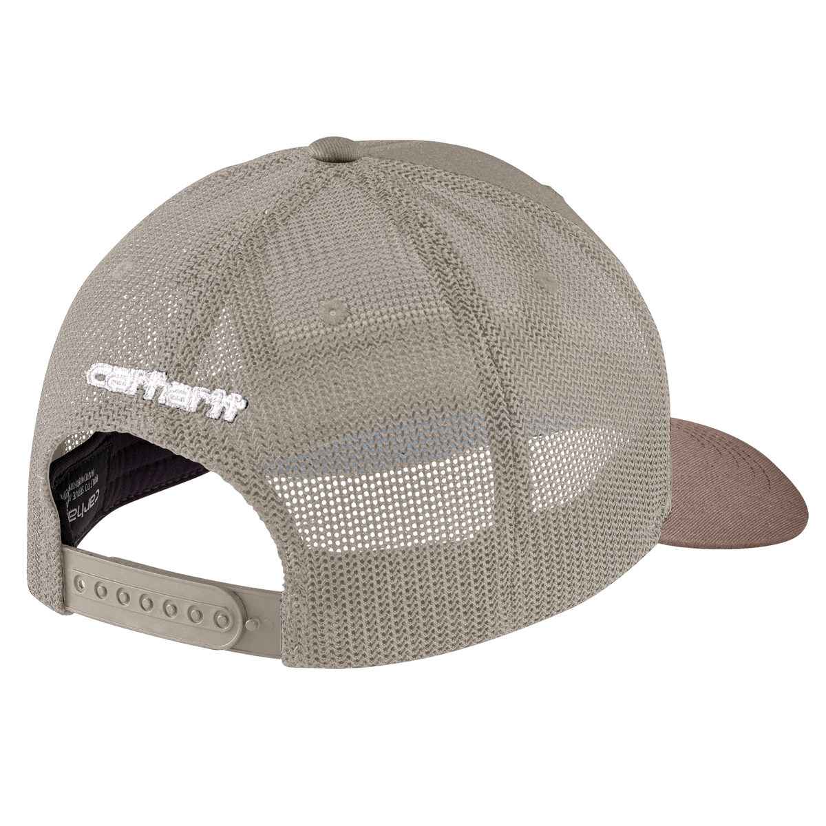 Carhartt men's Rugged Flex twill baseball cap with mesh back and logo patch in gray dunes and stone brown.